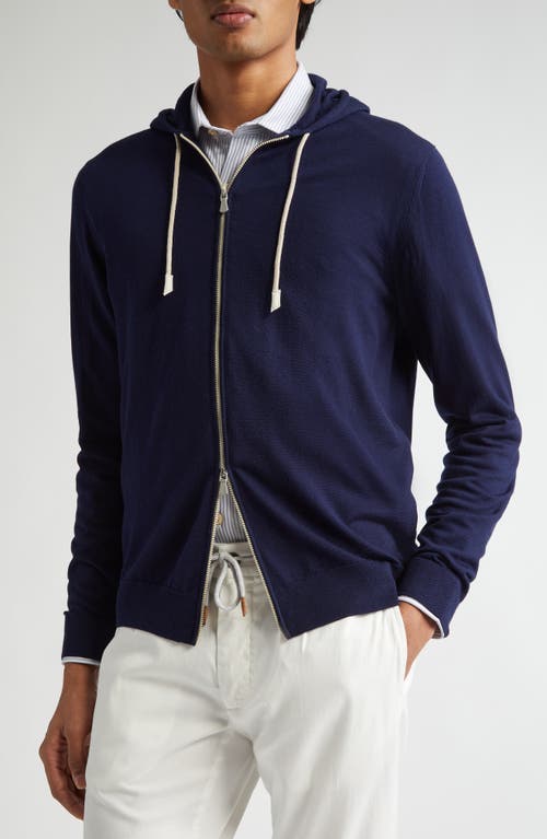 Shop Eleventy Full Zip Wool Hooded Sweater In Blue