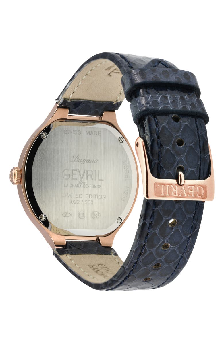 GEVRIL Lugano Diamond Croc Embossed Leather Strap Watch, 35mm, Alternate, color, Blue