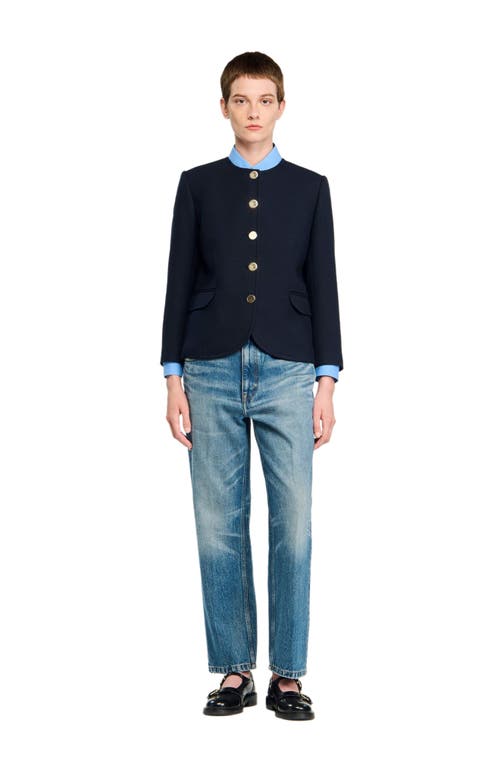 Sandro Womens Navy Blue Round-neck Side-pocket Woven Jacket In Blue