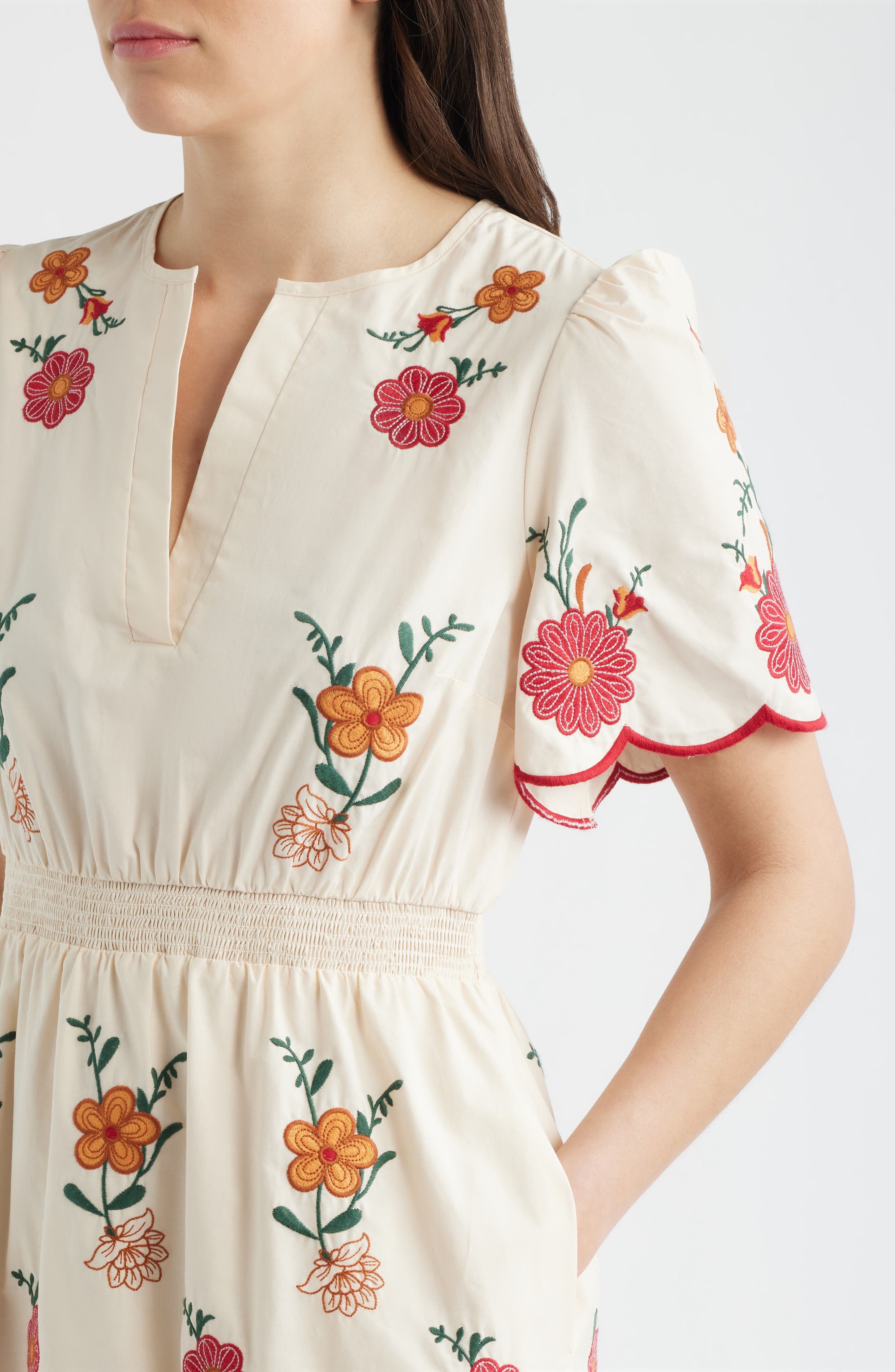 Embroidered Puff Sleeve Midi Dress (Women) | Nordstrom