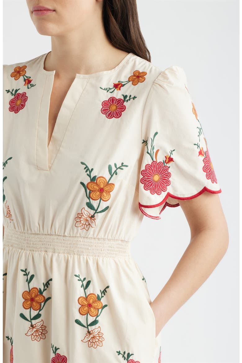 Embroidered Puff Sleeve Midi Dress, Alternate, color, RED MULTI