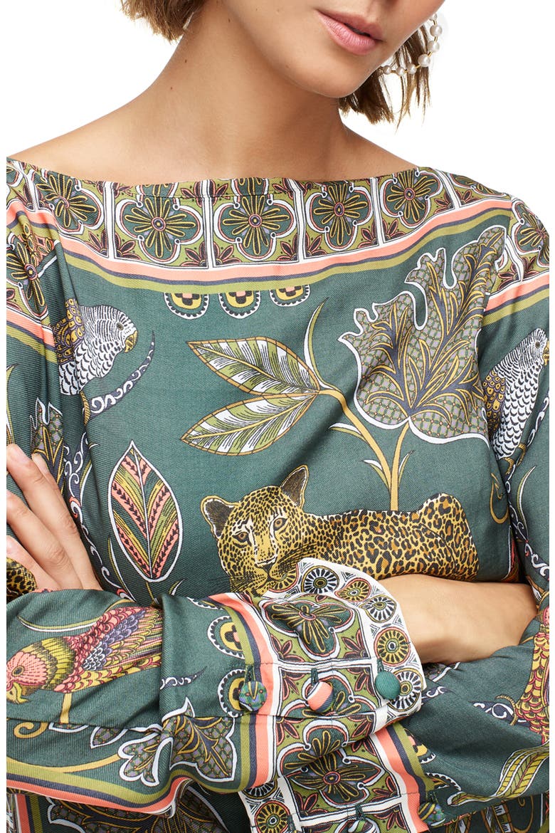 Ornate Jungle Print Boat Neck Drapey Top, Main, color, GREEN MULTI