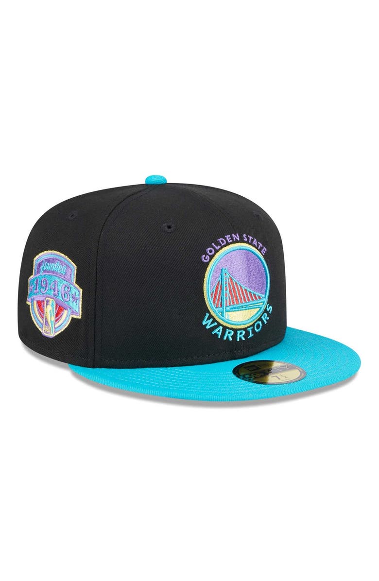 New Era Men's New Era Black/Turquoise Golden State Warriors Arcade Scheme 59FIFTY Fitted Hat, Alternate, color,