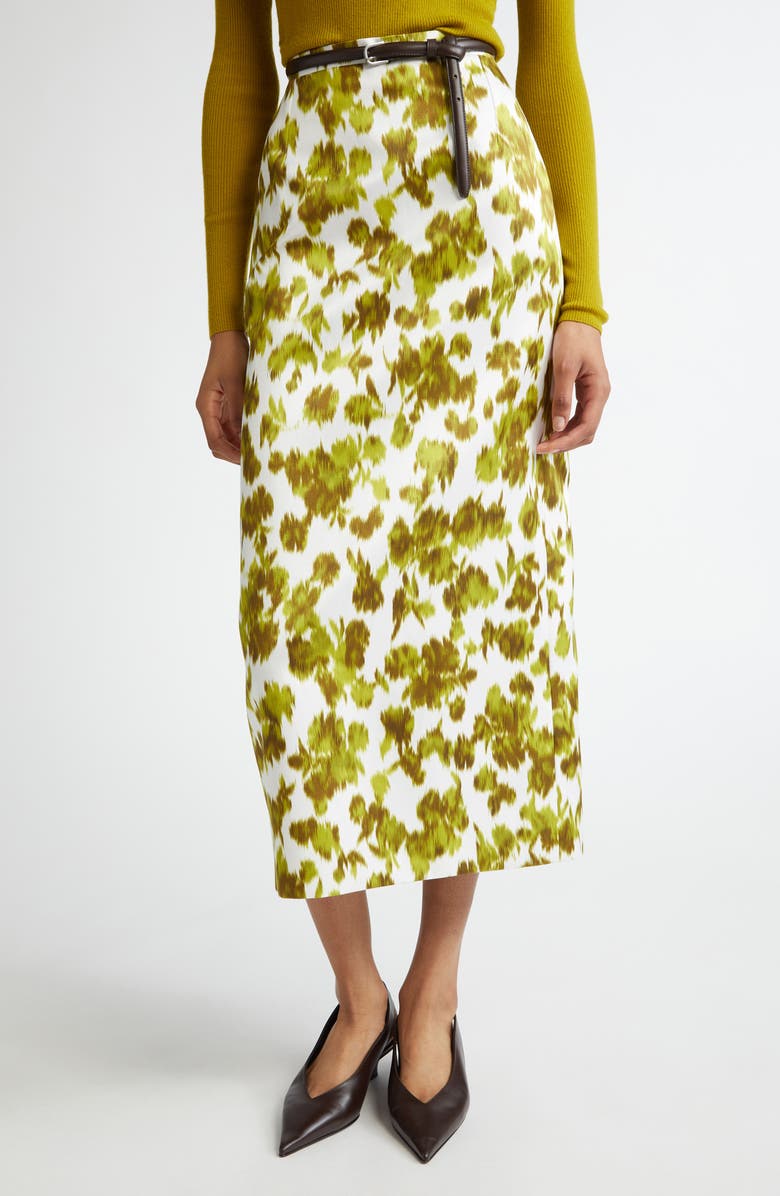 Michael Kors Collection Blurred Floral Print Duchesse Satin Pencil Skirt, Main, color, Moss/ Optic White