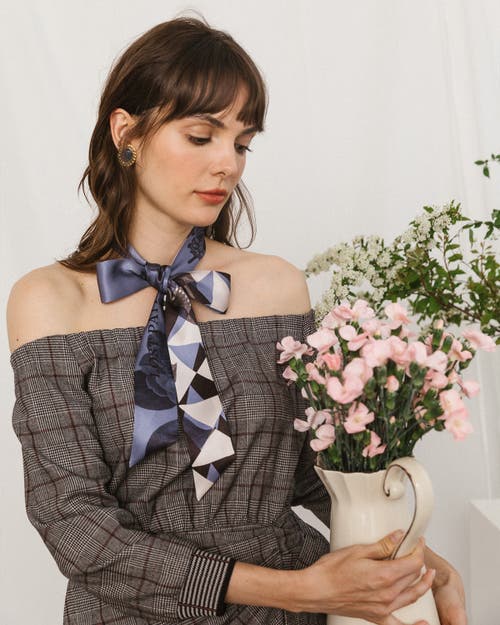 Lost Pattern Nyc "prism" Silk Skinny Scarf In Blue