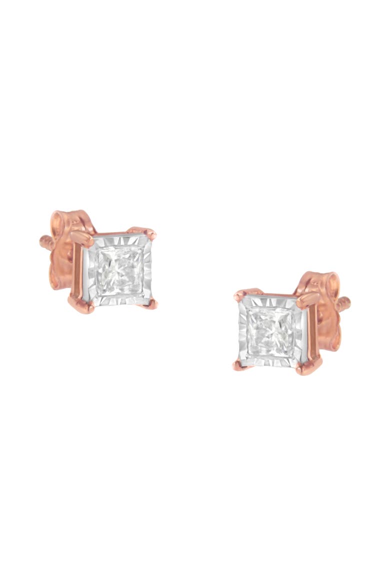 14K Rose Gold Plated Silver 1/2 Ct Princess Diamond Solitaire Stud Earrings, Main, color, White