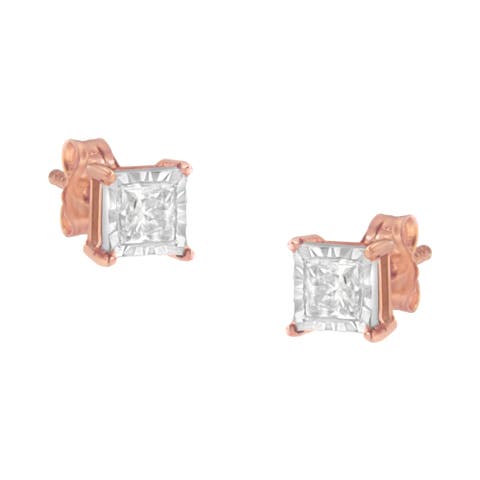 14K Rose Gold Plated Silver 1/2 Ct Princess Diamond Solitaire Stud Earrings