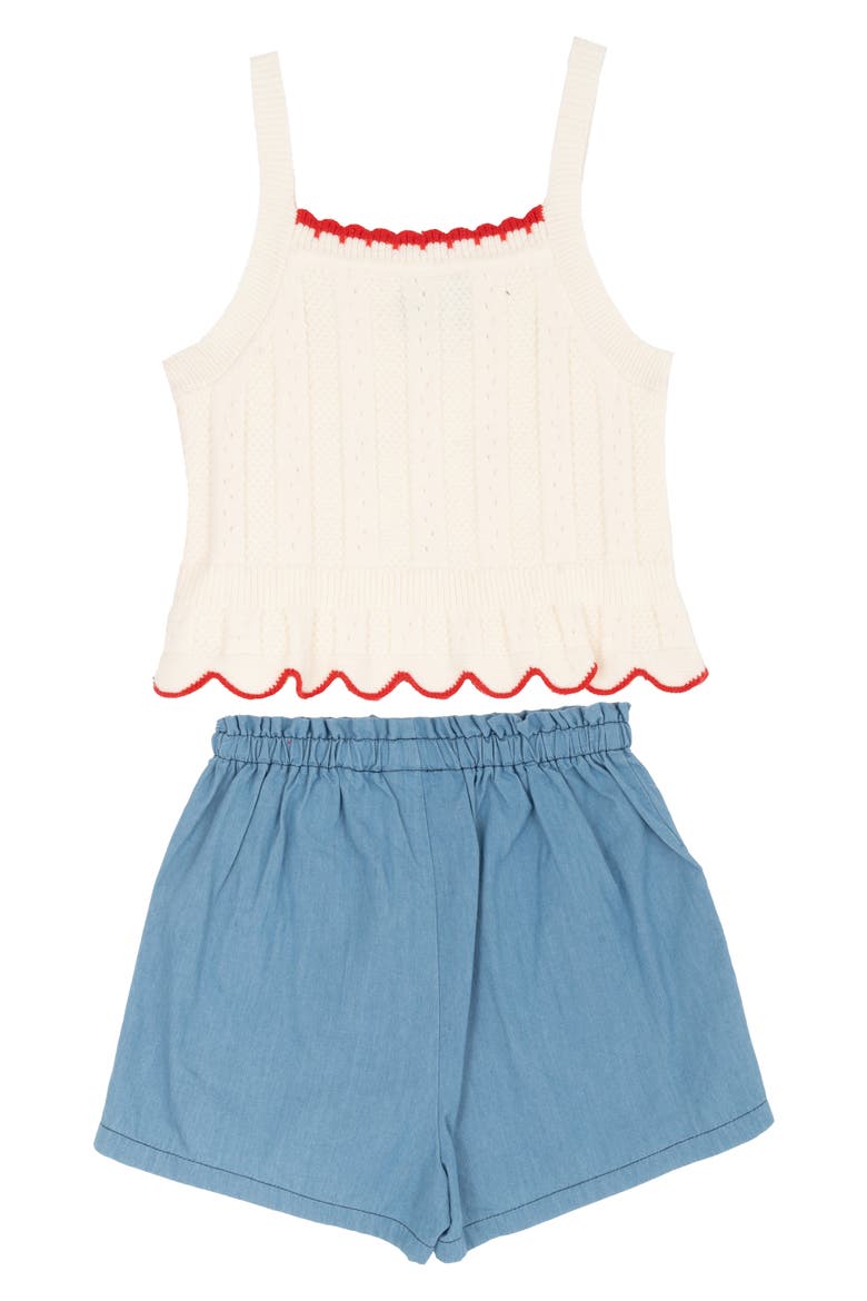 Kids' Strawberry Knit Tank & Chambray Shorts Set, Alternate, color, OFF WHITE