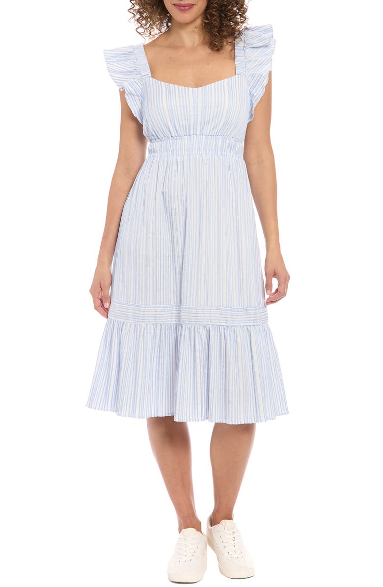 London Times Stripe Ruffle Sleeve Empire Waist Midi Dress, Main, color, 