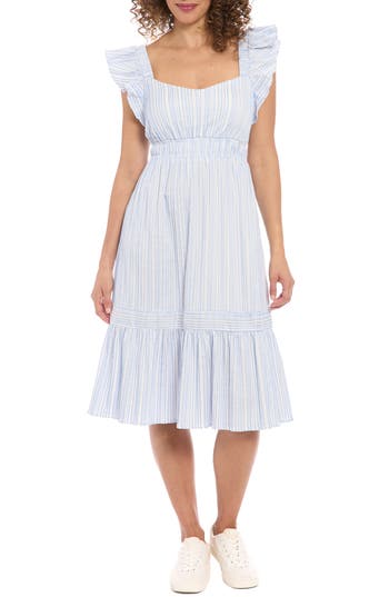 London Times Ruffle Sleeve Tiered Sundress In Chambray/white