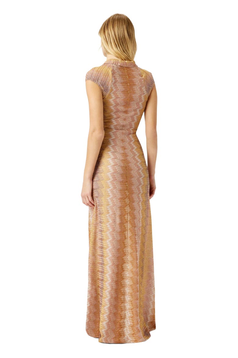 Long Dress With Knotted Neckline In Viscose Lamé Snake Motif, Alternate, color, Gold