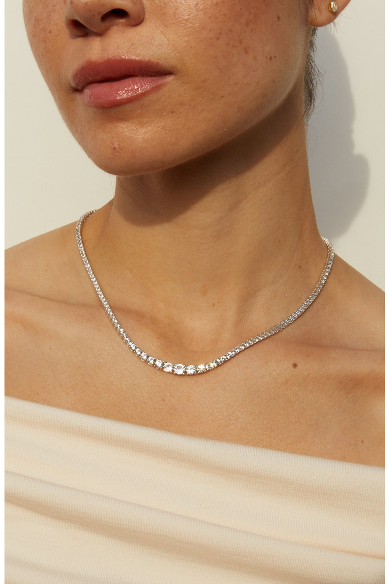 Lab Grown White Sapphire Graduated Modern Tennis Necklace, Alternate, color, White Gold Vermeil