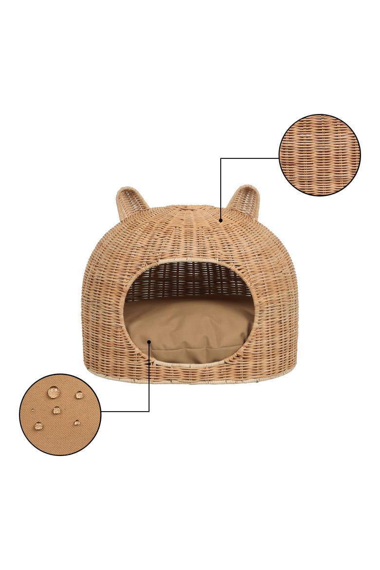 Cat Ear Water Hyacinth Pet Bed with Machine-Washable Cushion, Alternate, color, Light Brown