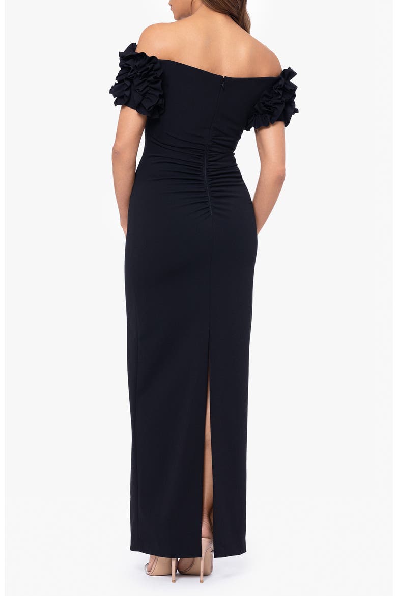Ruffle Sleeve Off the Shoulder Scuba Crepe Column Gown, Alternate, color, BLACK
