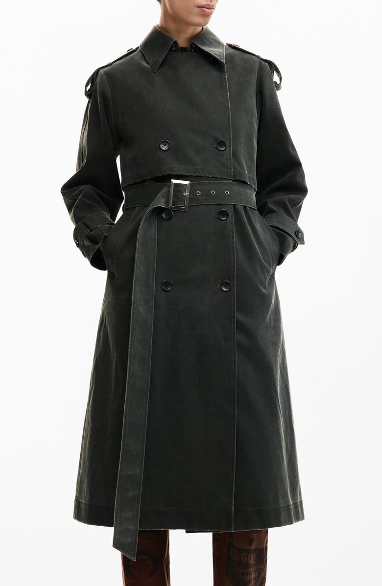 Desigual Faux Leather Trench, Main, color, Dark Grey