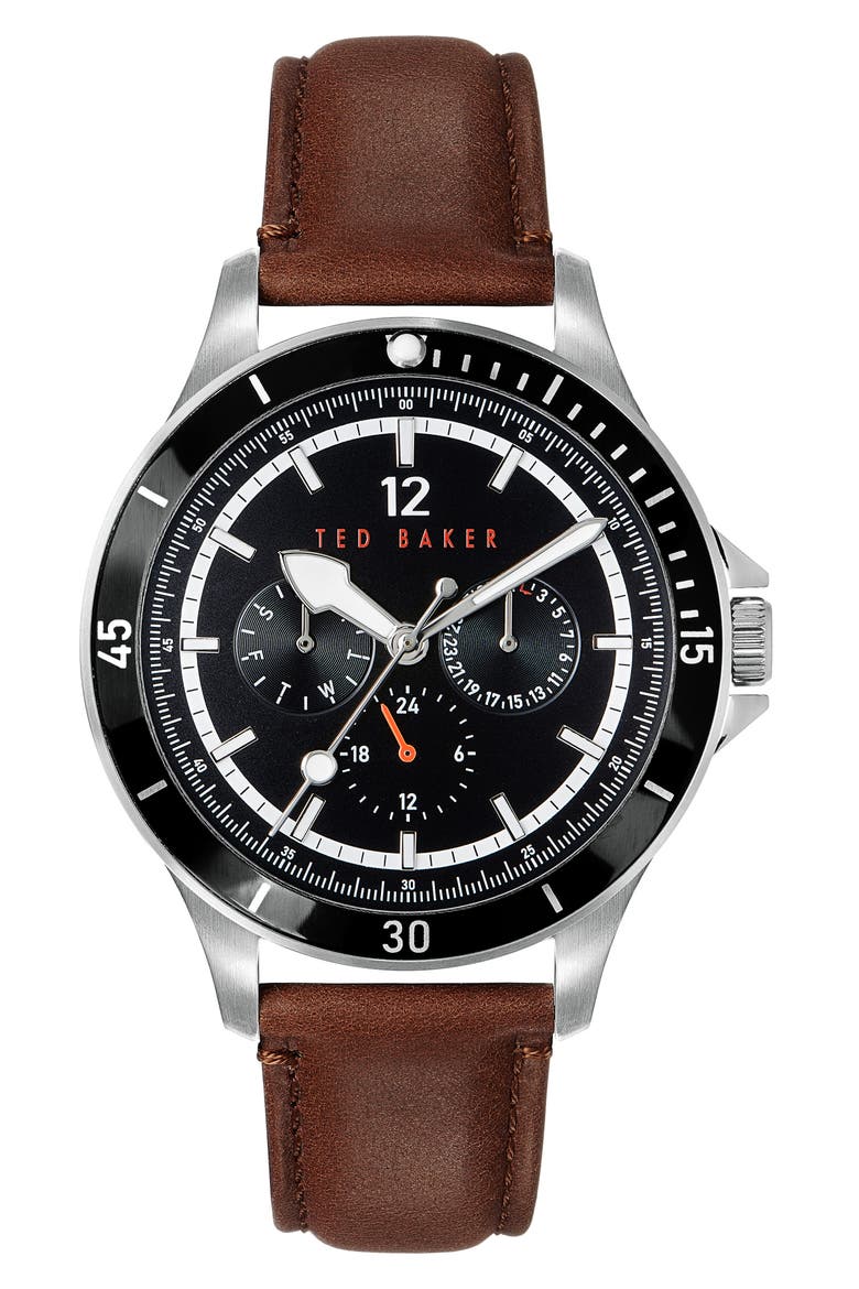 Northn Leather Strap Watch, 43mm, Main, color, BROWN