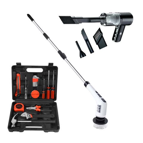 Handy Solutions 16-Piece Tool Kit + Cordless Power Scrubber + 2-in-1 Mini Wireless Vacuum & Air Duster Bundle