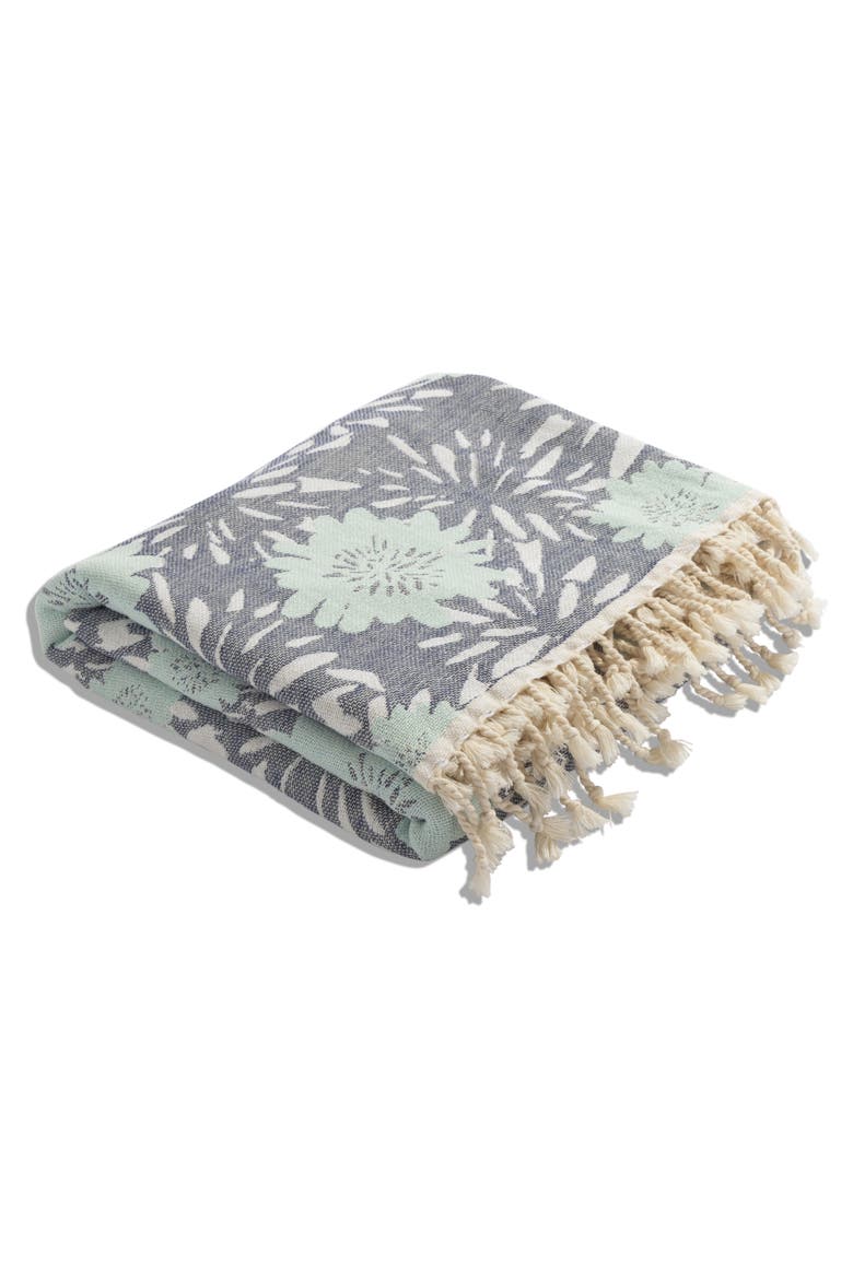 Flower Pop Organic Cotton Medium Weight Throw Blanket, Alternate, color, Navy with Mint Flowers