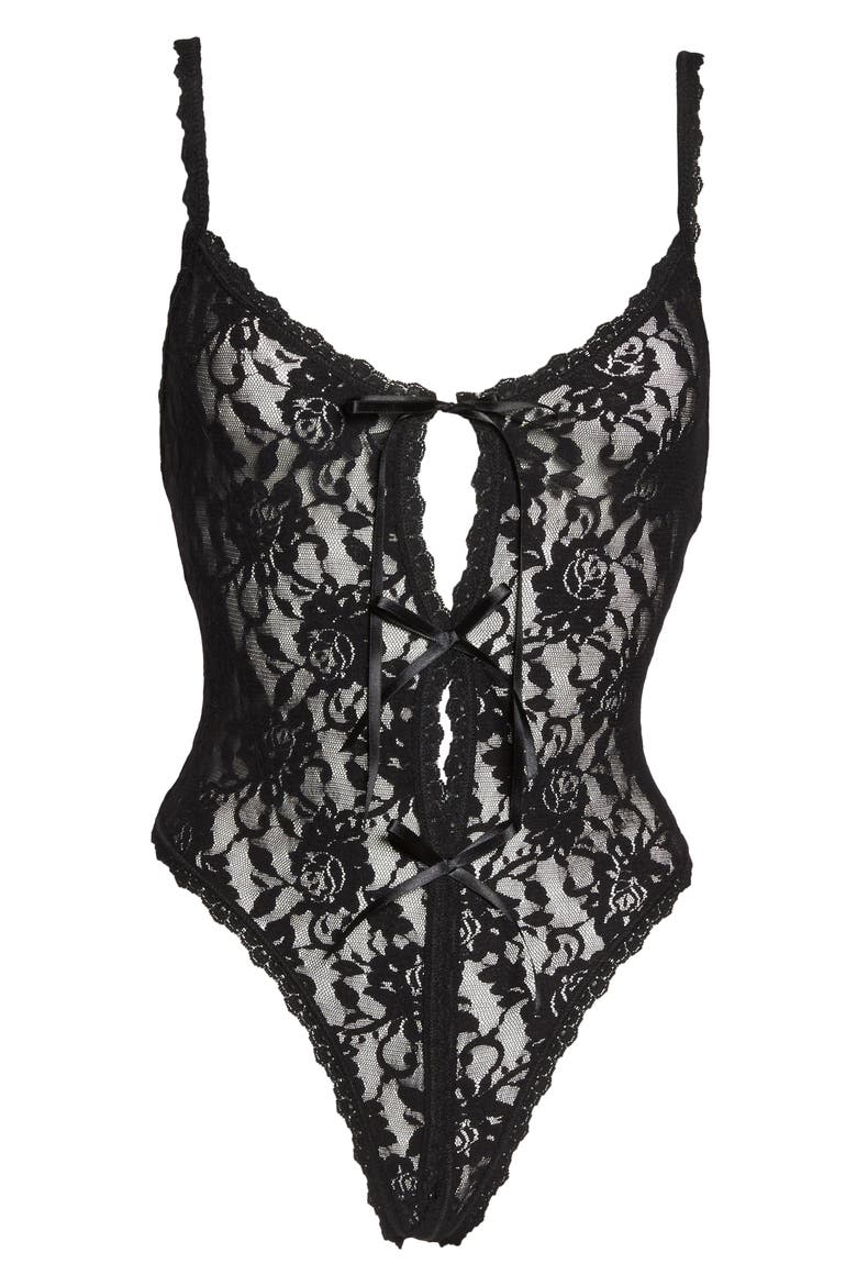 Signature Lace Open Gusset Thong Teddy, Alternate, color, BLACK