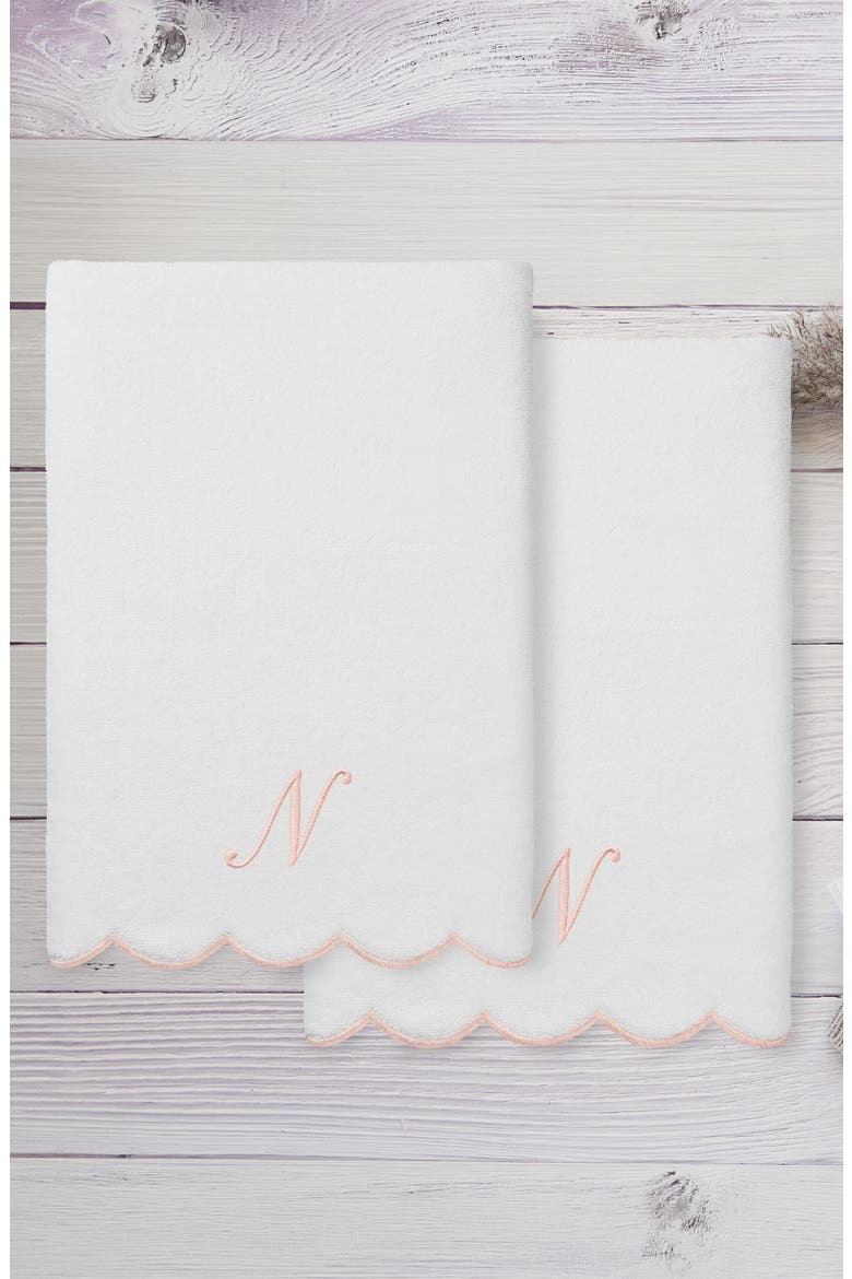 Adornia Scallop Set of 2 Initial Bath Towels, Alternate, color, WHITE/ PINK N