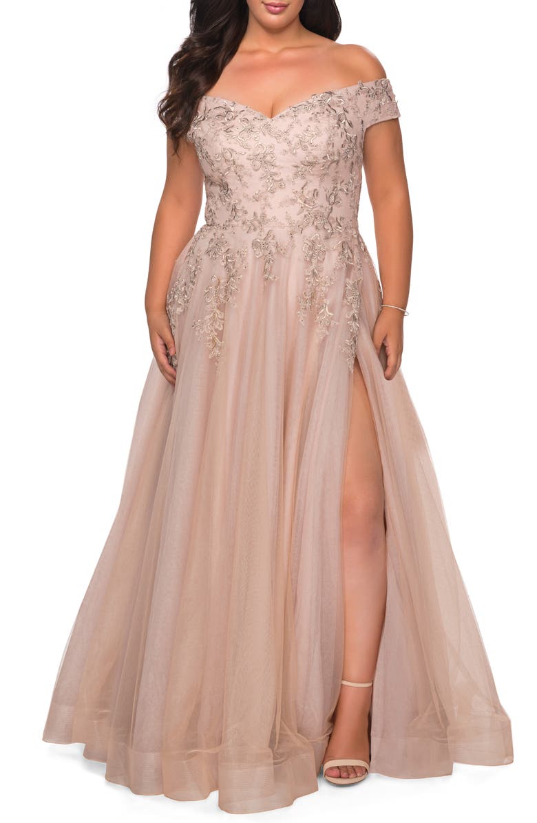 La Femme Lace & Tulle Off-Shoulder Gown, Main, color, 