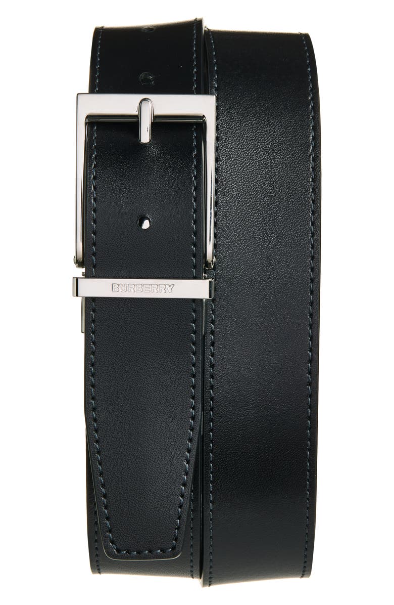 Burberry Reversible Check Canvas & Leather Pin Belt, Alternate, color, Charcoal/ Silver