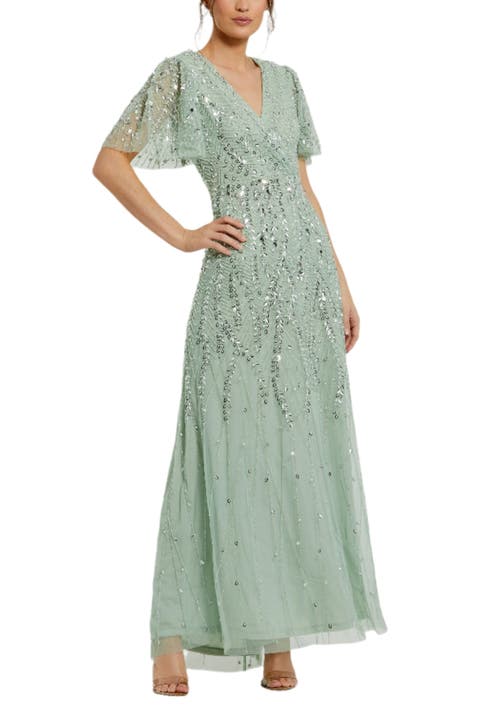 Embellished Flutter Sleeve Gown