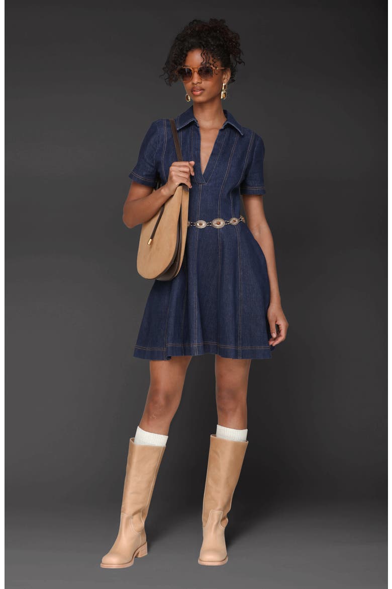 Seamed Collared Denim Minidress, Alternate, color, ROYAL RINSE