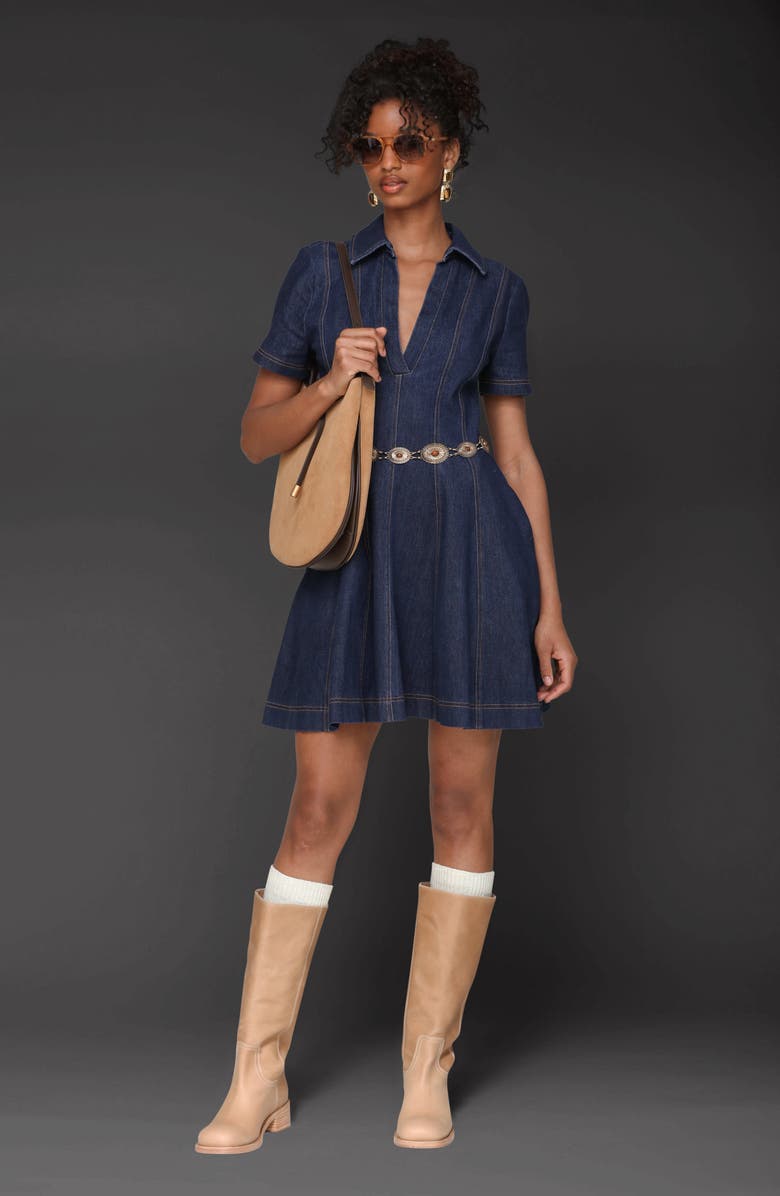 Avec Les Filles Seamed Collared Denim Minidress, Alternate, color, Royal Rinse