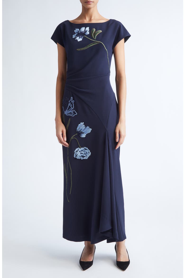 Floral Cord Embroidery Stretch Crepe Cascade Gown, Main, color, NAVY/ BLUE