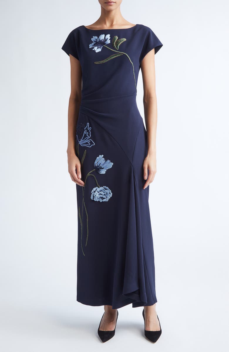 Lela Rose Floral Cord Embroidery Stretch Crepe Cascade Gown, Main, color, Navy/ Blue