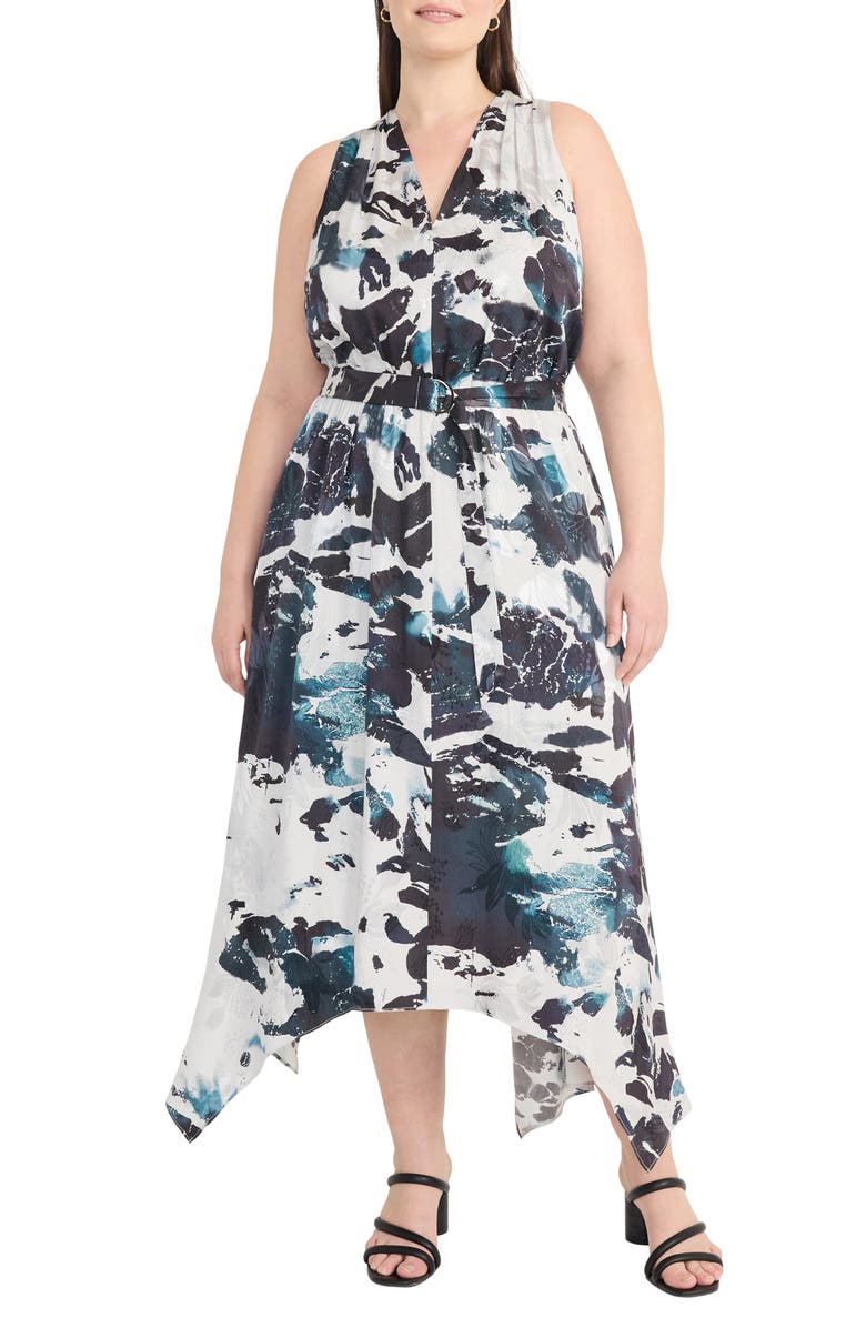 Maggy London Abstract Print Handkerchief Hem Midi Dress, Main, color, Black/ Silver/ Grey