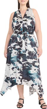 Maggy London Abstract Print Handkerchief Hem Midi Dress