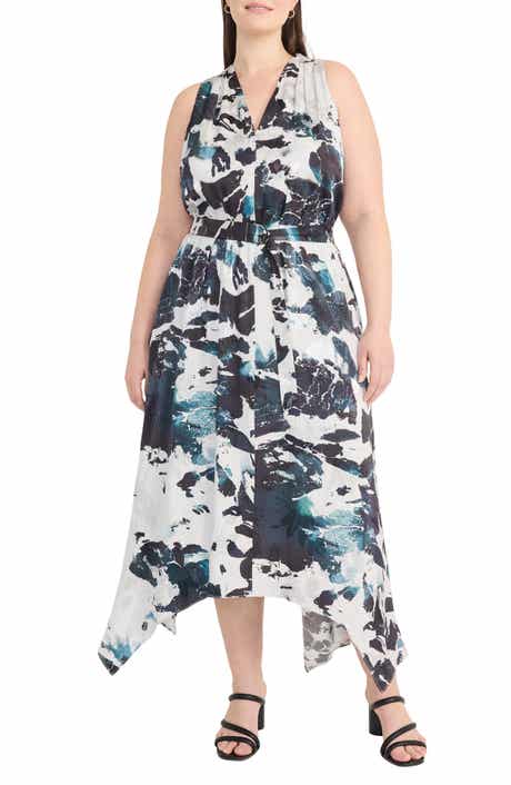 Maggy London Abstract Print Handkerchief Hem Midi Dress