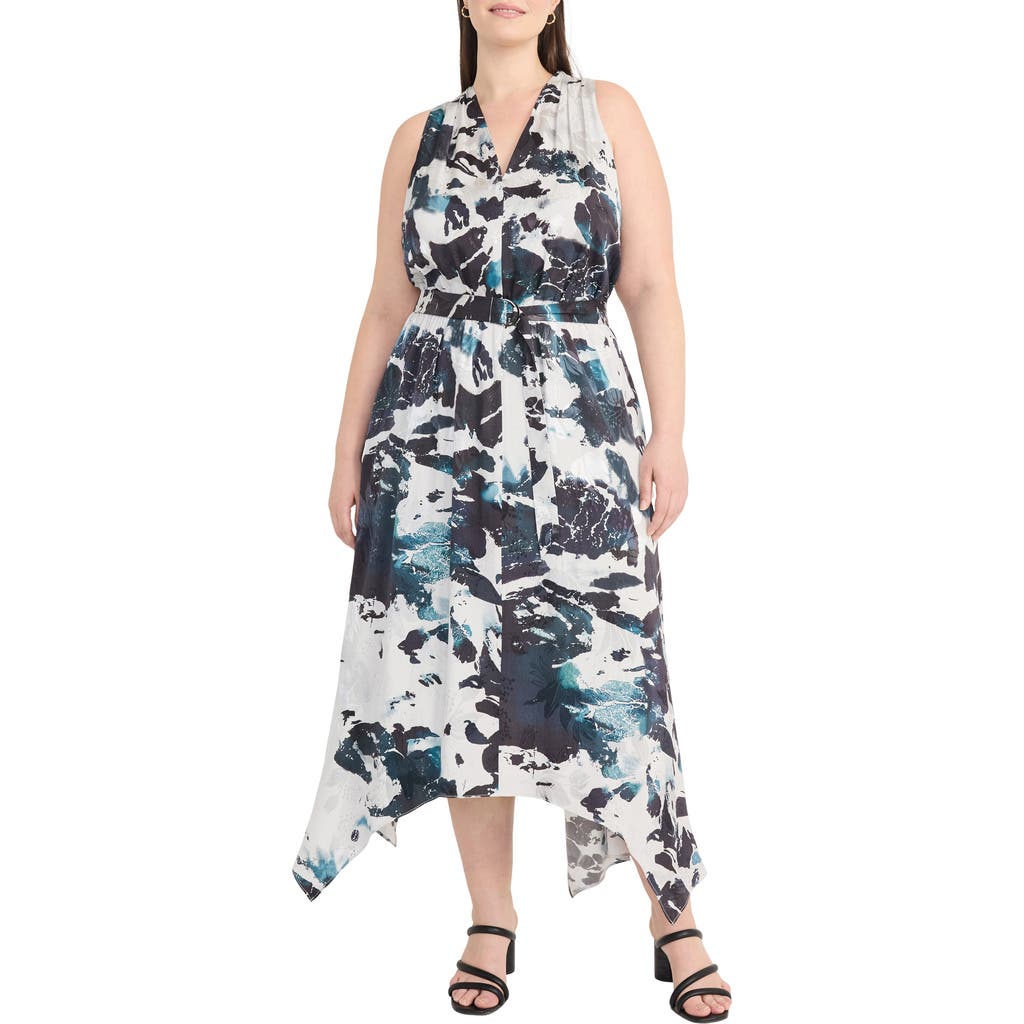 Maggy London Abstract Print Handkerchief Hem Midi Dress In Black/silver/grey