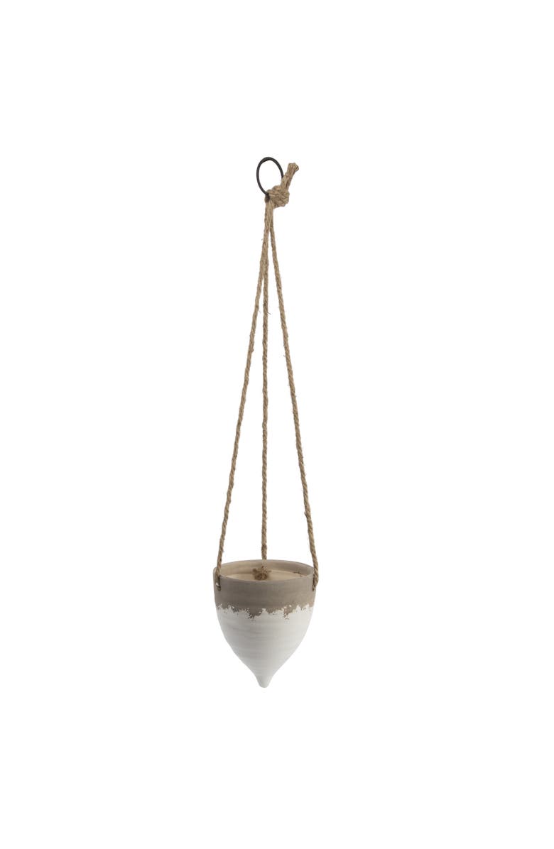 Storied Home Round Terra-cotta Hanging Planter on Jute Rope, Distressed White and Beige, Main, color, White
