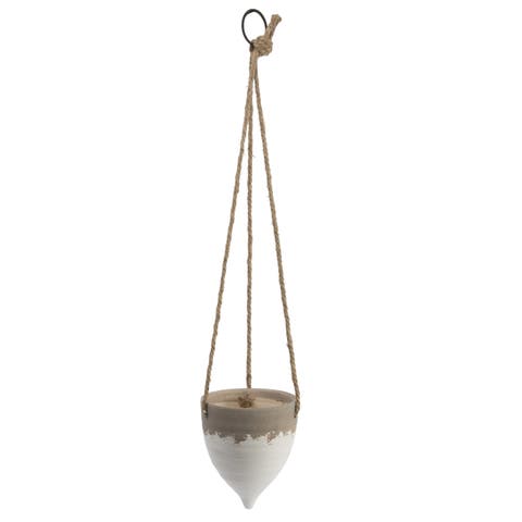 Round Terra-cotta Hanging Planter on Jute Rope, Distressed White and Beige