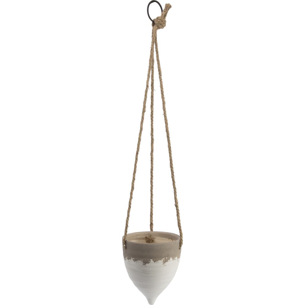 Storied Home Round Terra-cotta Hanging Planter On Jute Rope, Distressed White And Beige In White