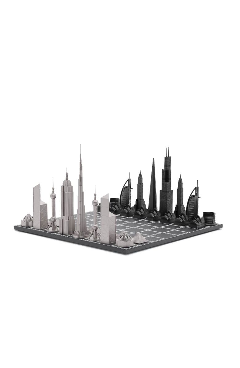 SKYLINE CHESS Chess Set Stainless Steel WORLD ICONS with Wood Grid Board, Main, color, Black