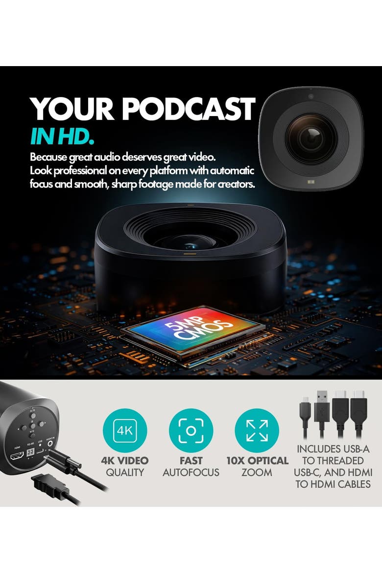 Two Person Video Podcast Equipment Bundle with Two 4K Cameras, USB Audio Interface, 2 XLR Dynamic Microphones, 2 Tripods, and 2 Boom Arms, Alternate, color, Black