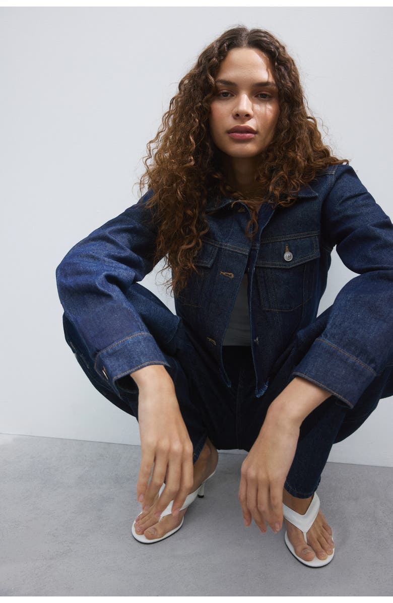 H&M Cropped Denim Jacket, Main, color, Dark Denim Blue