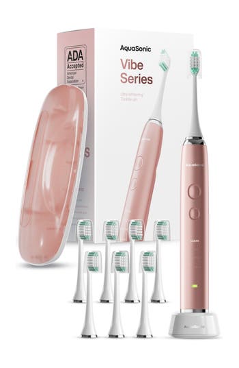 Aquasonic Vibe Series Charcoal Gray Ultrasonic Whitening Toothbrush With 8 Dupont Brush Heads & Trav In Rose Gold