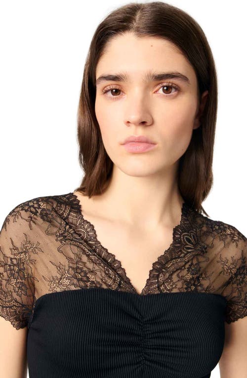 Maje Jersey Top With Lace Trim In Black