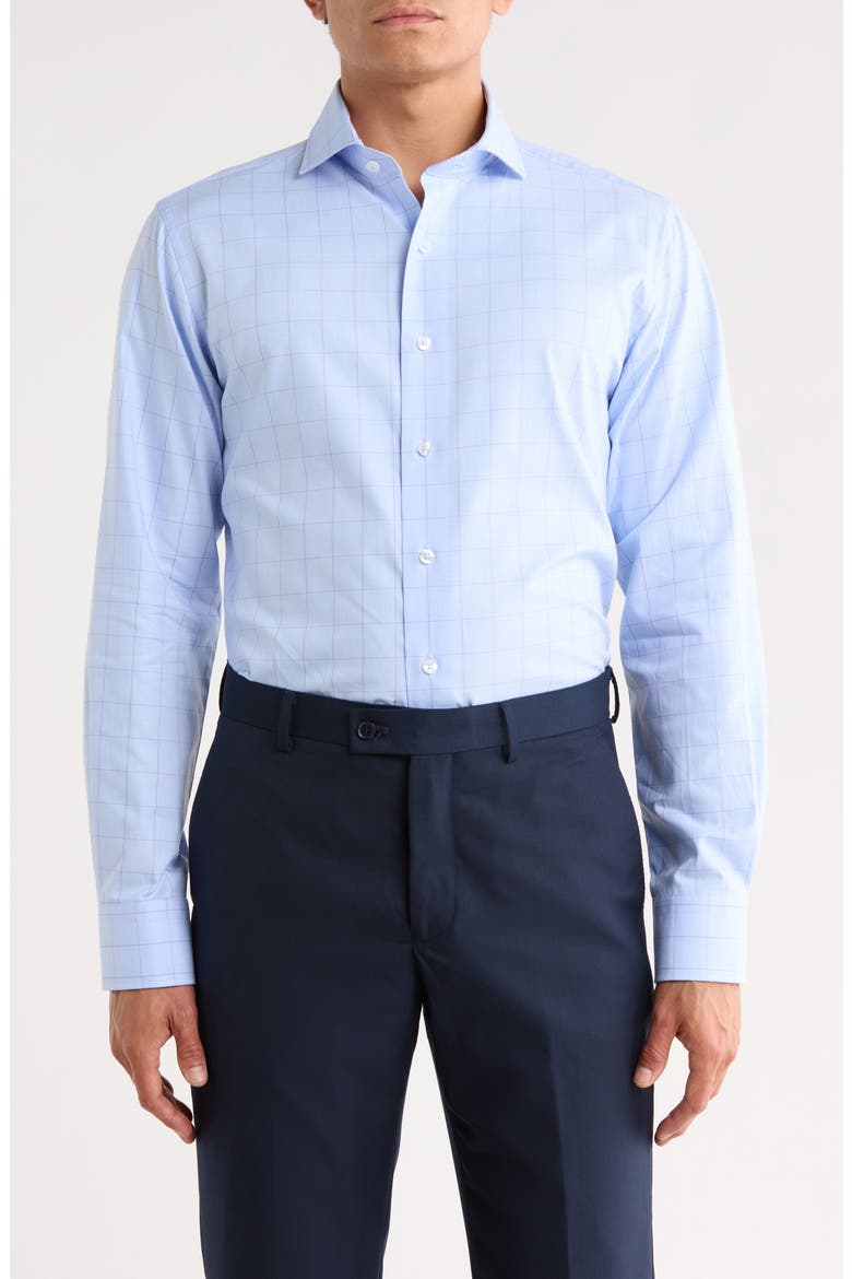 Trim Fit Textured Windowpane Dress Shirt, Main, color, LIGHT BLUE