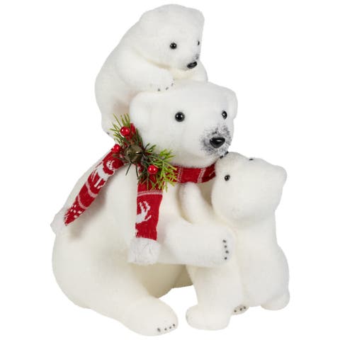 Mama Polar Bear and Cubs Christmas Figures - 13.5" - White and Red