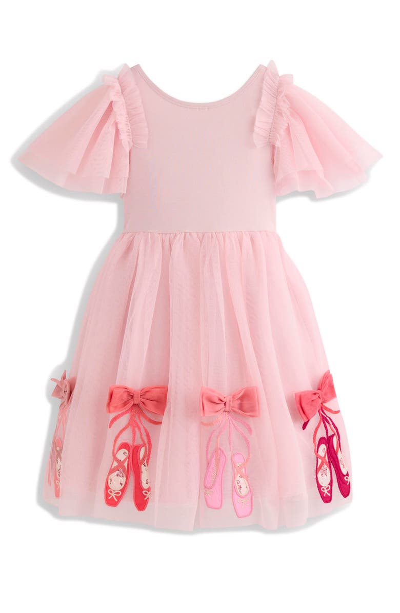 Mini Boden Kids' Appliqué Tulle & Cotton Knit Dress, Main, color, French Pink Ballet Shoes