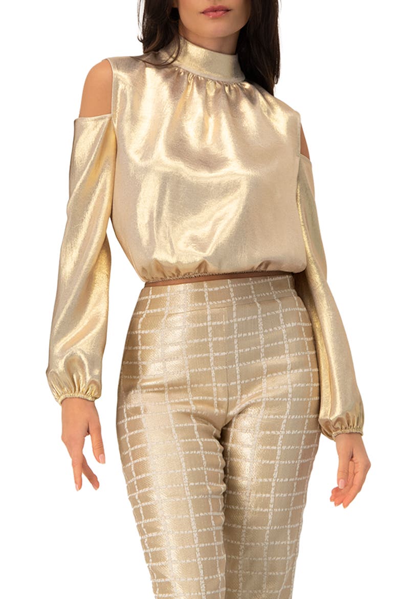 Cold-Shoulder Blouse with Back Bow, Main, color, Gold