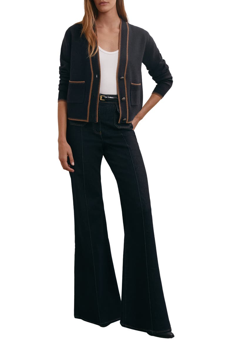 Louisa Tipped Wool & Cashmere Cardigan, Alternate, color, NAVY/ CAMEL