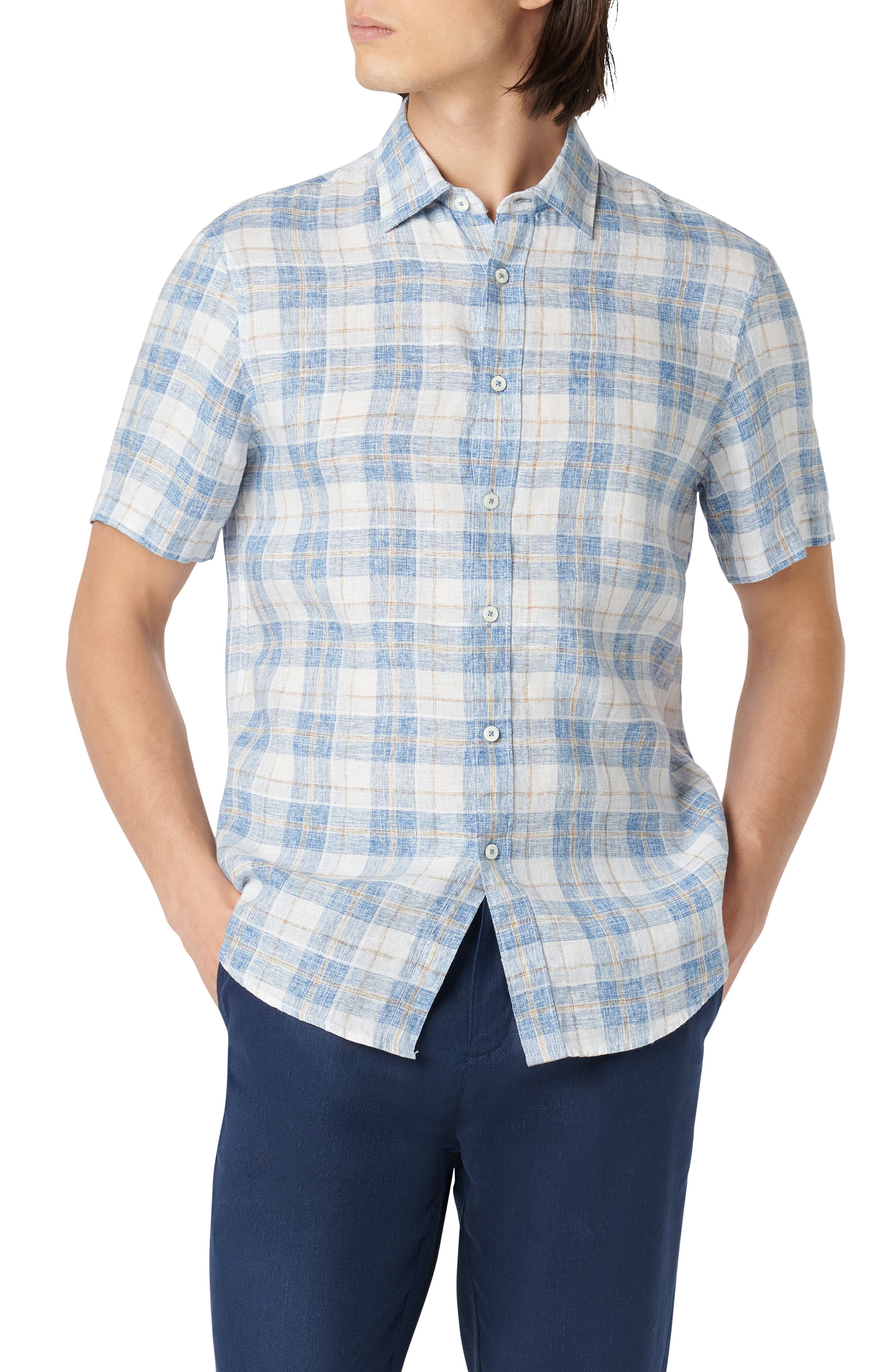 Calender Button Shape Bugatchi Orson Shaped Fit Short Sleeve Linen Button-Up Shirt (Men ...