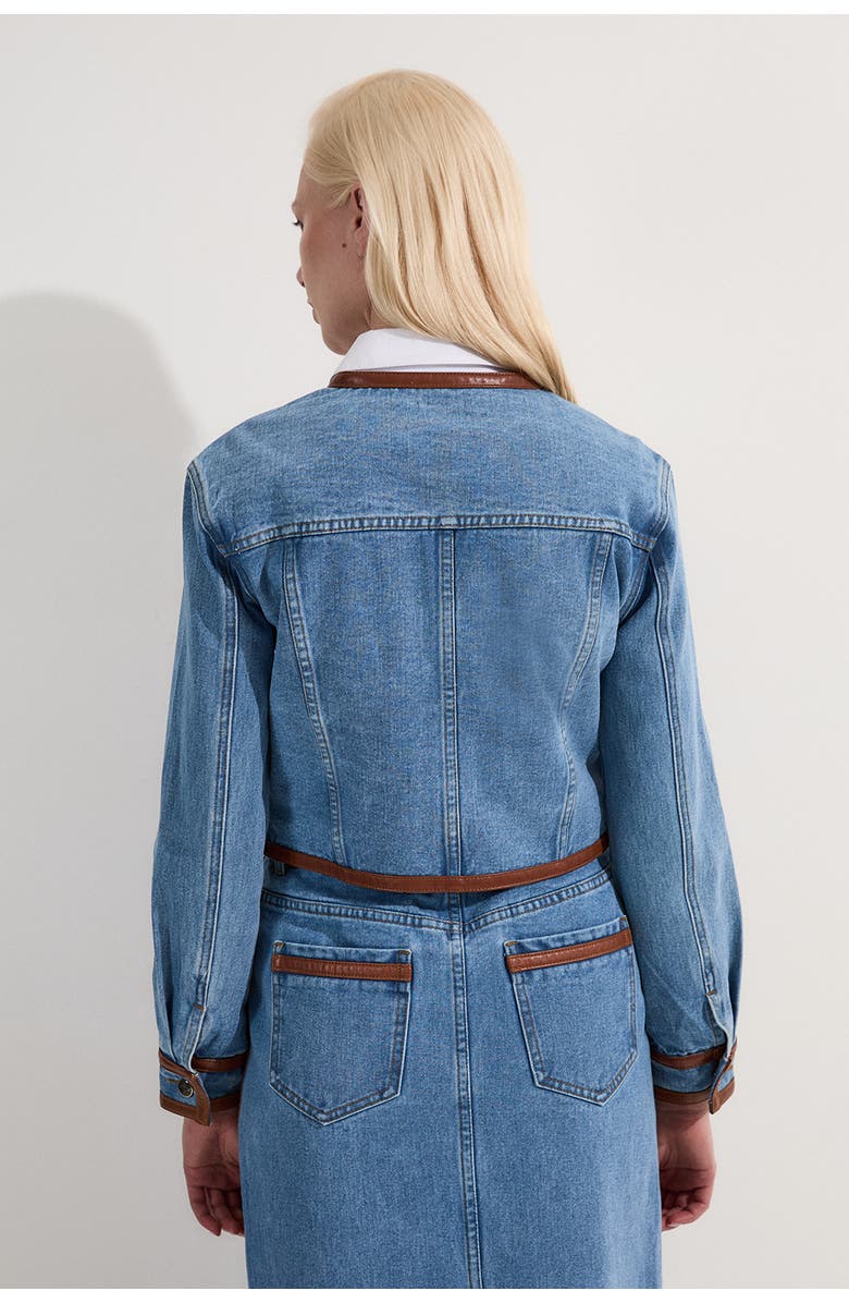 Karen Millen Denim & Leather Collarless Jacket, Alternate, color, Light Blue